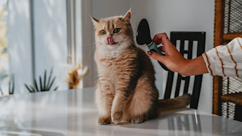 Fluffy cat being brushed