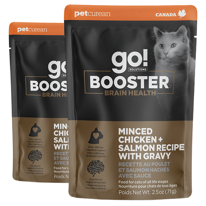 Go! Solutions Booster Brain Health Minced Chicken + Salmon Recipe with Gravy cat food topper