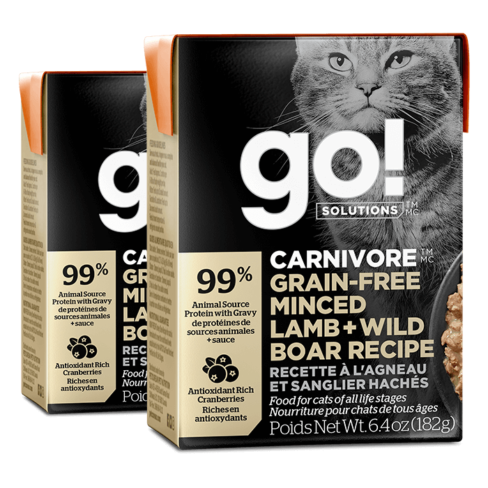 Go! Solutions Carnivore Grain-Free Minced Lamb + Wild Boar Recipe wet cat food tetra paks