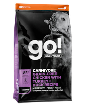 Go! Solutions Carnivore מתכון עוף ללא גרעינים עם תרנגול הודו + ברווז ללא דגנים לכלבים קשישים