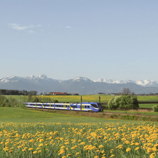Das Bild zeigt einen blauen Zug vor einem Bergpanorama. Es ist ein Meridian-Zug, der für die Bayerische Regiobahn unterwegs ist. 
Copyright: Bayerische Oberlandbahn/ Benjamin Kaufmann