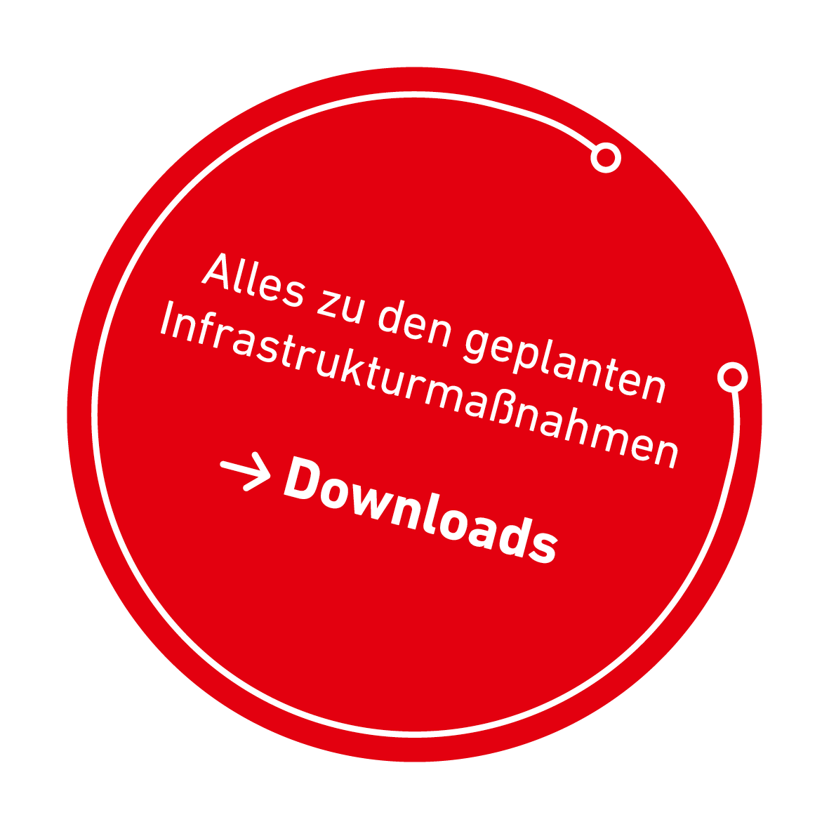 Der Button ist rot, rund und zeigt den Text "Alles zu den geplanten Infrastrukturmaßnahmen" und verlinkt zu Downloads.