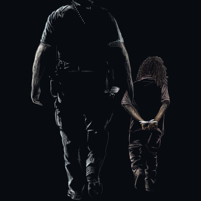 An illustration showing the back of a police officer walking with one hand looped under the arm of a little Black girl who is half his height. Her hands are handcuffed behind her back with white zip ties, her head hanging low.