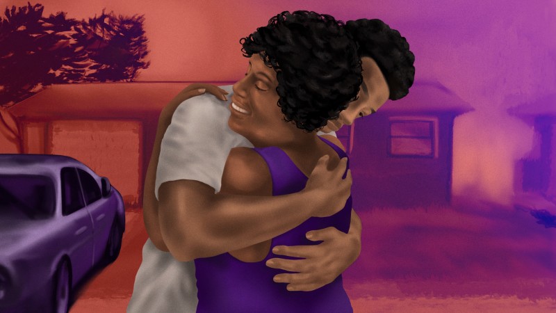 Illustration of Demetrius Hollins hugging his mother.