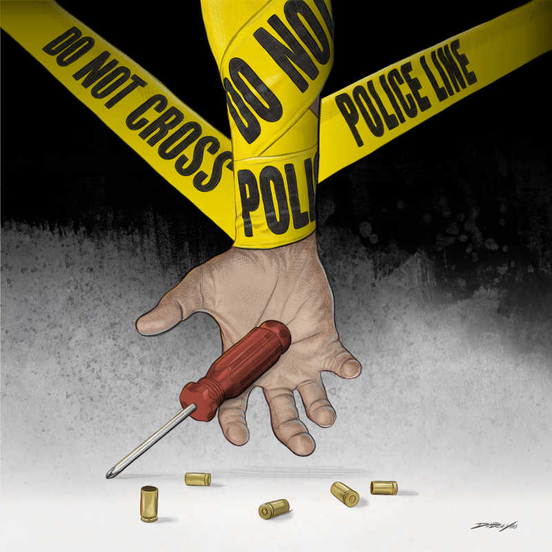 An illustration of a right hand hanging down with an open palm, a screwdriver falls out of the hand and onto the ground with 5 bullets scattered about. A yellow crime scene tape reads “do not cross, police line” that wraps tightly around the forearm. 