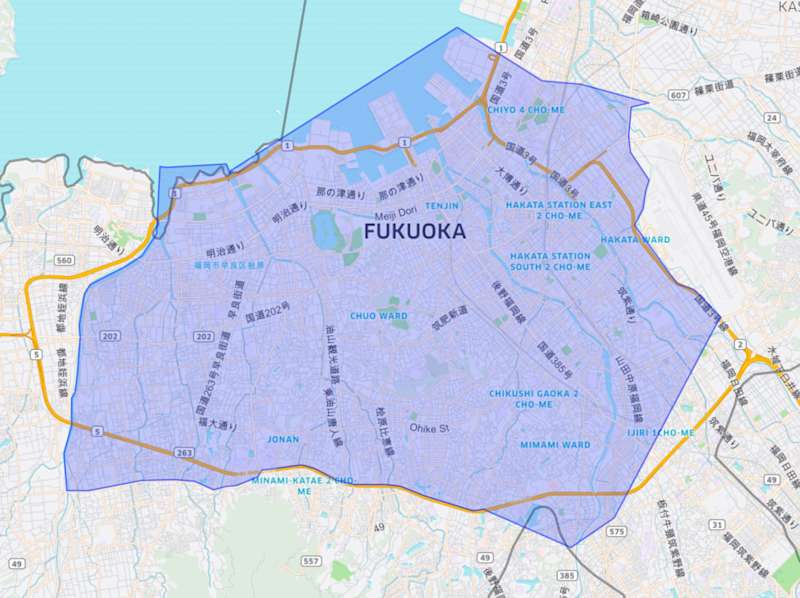 Uber Eats Fukuoka Service Area as of Apr2019