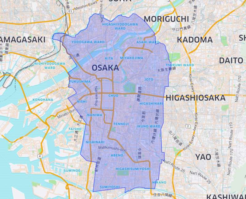 Uber Eats Osaka Service Area Map as of Oct 2018