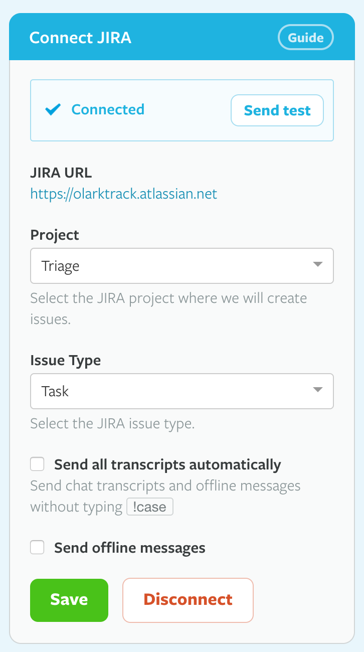JIRA Settings Options from Integration Page