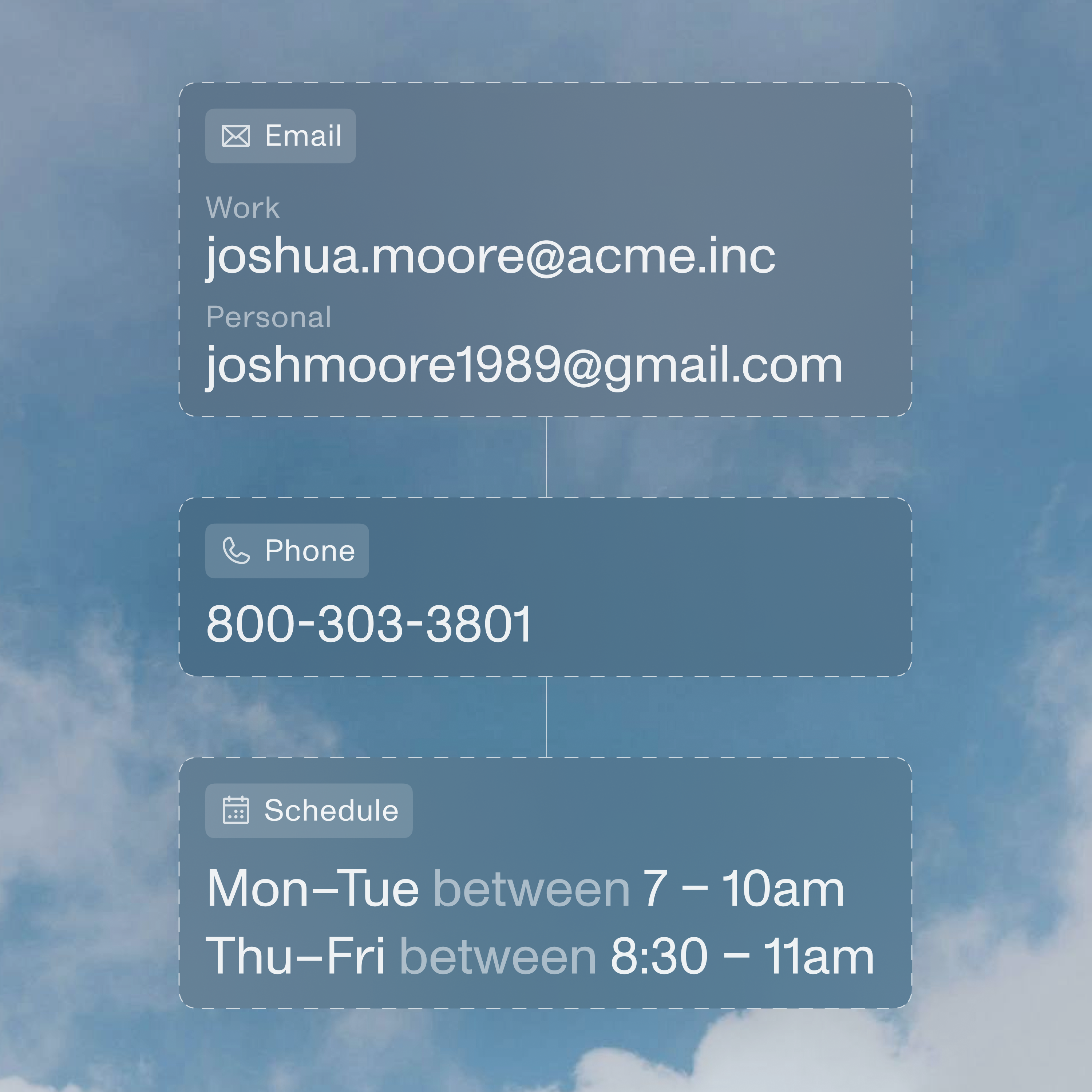 Three different contact cards stacked on top of each other. The first card lists emails, the second lists phone numbers, and the third lists meeting availability.