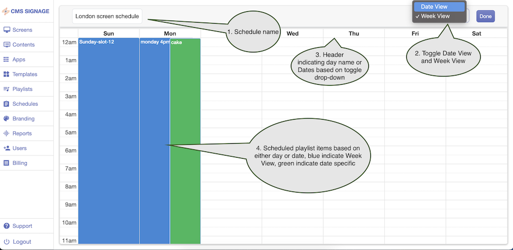 Schedule base contents on digital signage screenshots with annotations