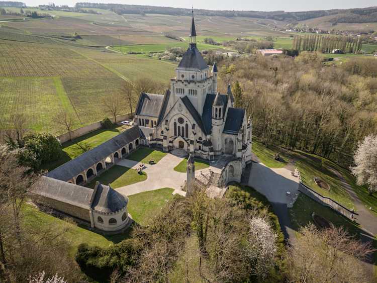 Aerial view of a château or abbey