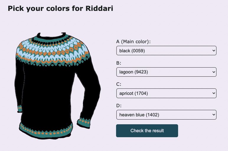 A part of website, with a text "Pick your colors for Riddari" as the heading, and a drawn picture of an Icelandic sweater (Riddari-pattern) with colors black, lagoon, apricot and heaven blue. Next to the shirt there is a form with selects for four colors, and colors mentioned are selected.