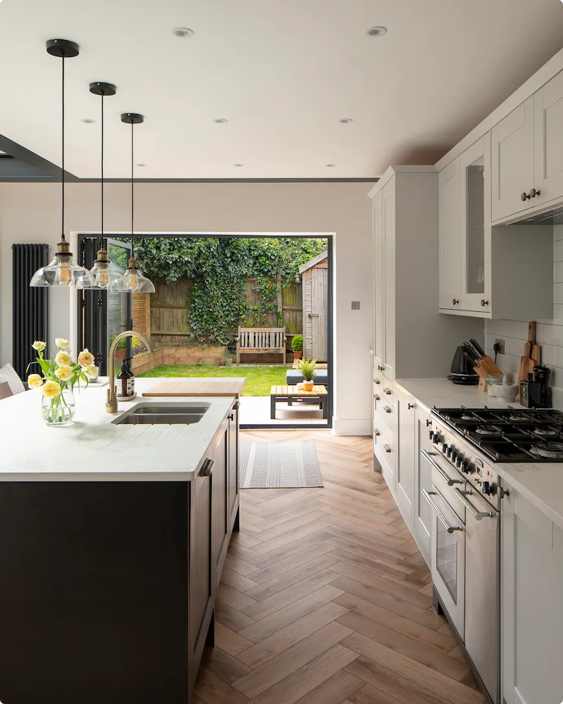 A completed Resi kitchen party ready project in Corydon, complete with large bifold doors
