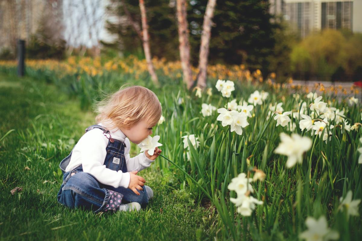 Kid smelling the flowers