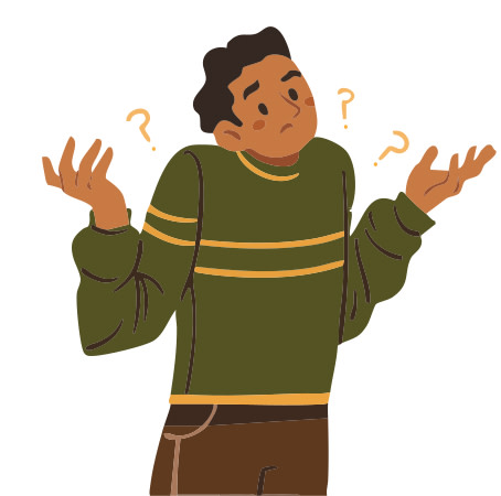 man standing with question marks around him