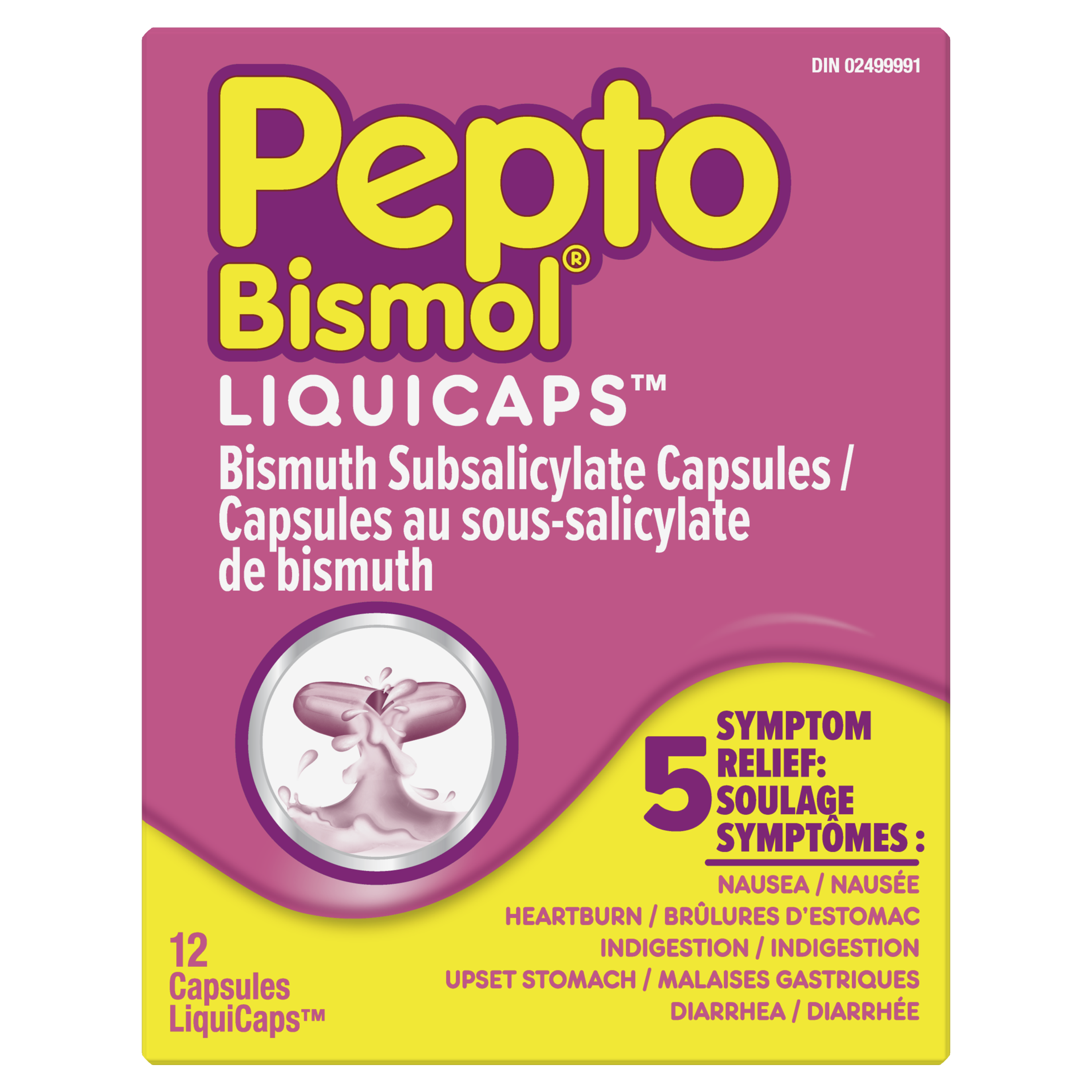 Pepto Bismol LiquiCaps pink box, 12 bismuth subsalicylate capsules for 5-symptom relief including nausea and diarrhea.