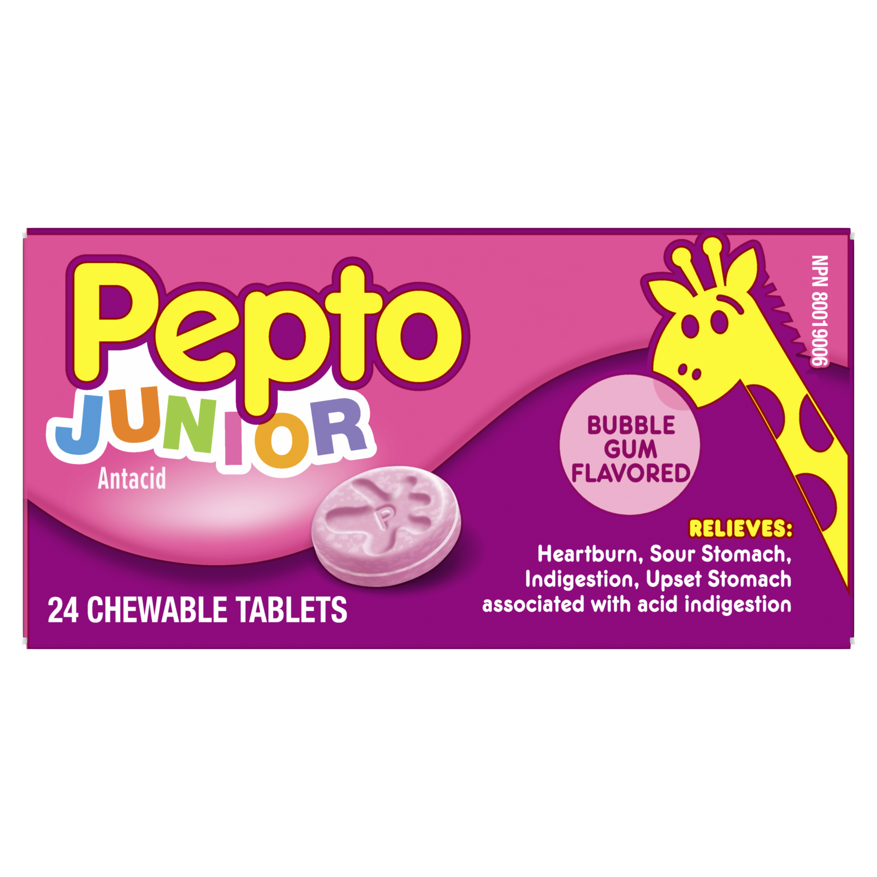 Pepto Junior Antacid pink box with 24 bubble gum flavored chewable tablets, featuring a yellow giraffe graphic.