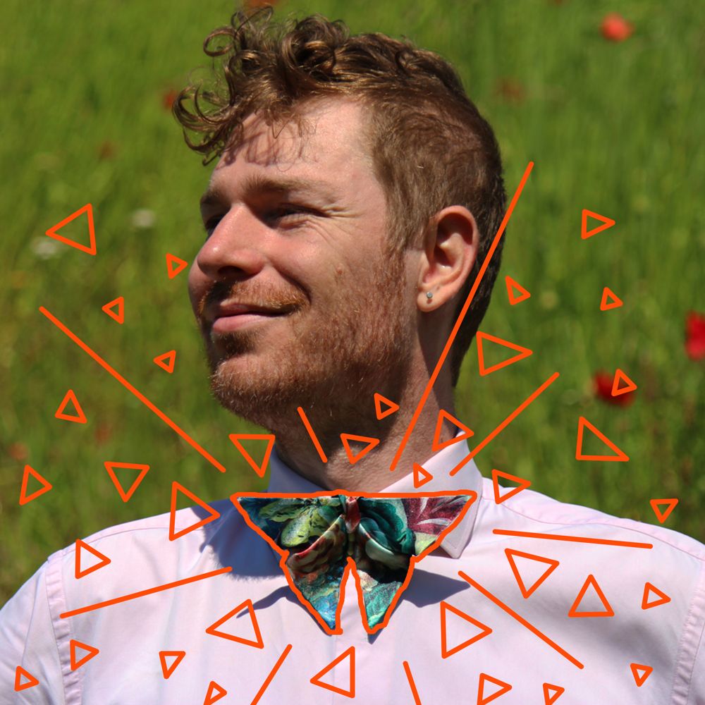 Stylized picture of a man wearing Satin origami bow tie with floral pattern