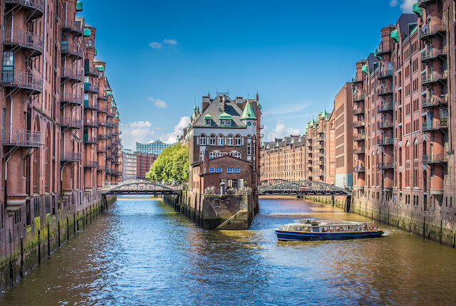 Blick auf die historische Speicherstadt in Hamburg