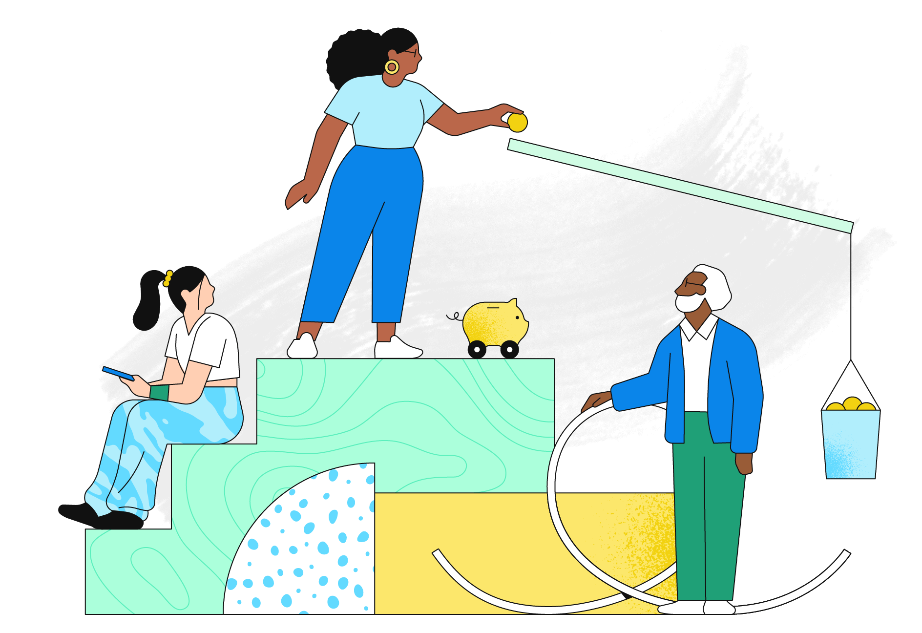 An illustration of three people, two with longer hair in ponytails and one with shorter hair and a beard, interacting with an abstracted version of a Rube Goldberg machine.