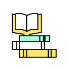 An illustration of an open yellow book stacked on top of three closed books.