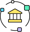 An illustration of a building with a pointed roof and columns surrounded by a circle with four squares superimposed on top of the circle.