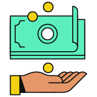 An illustration of an outstretched hand with bills and coins above it.