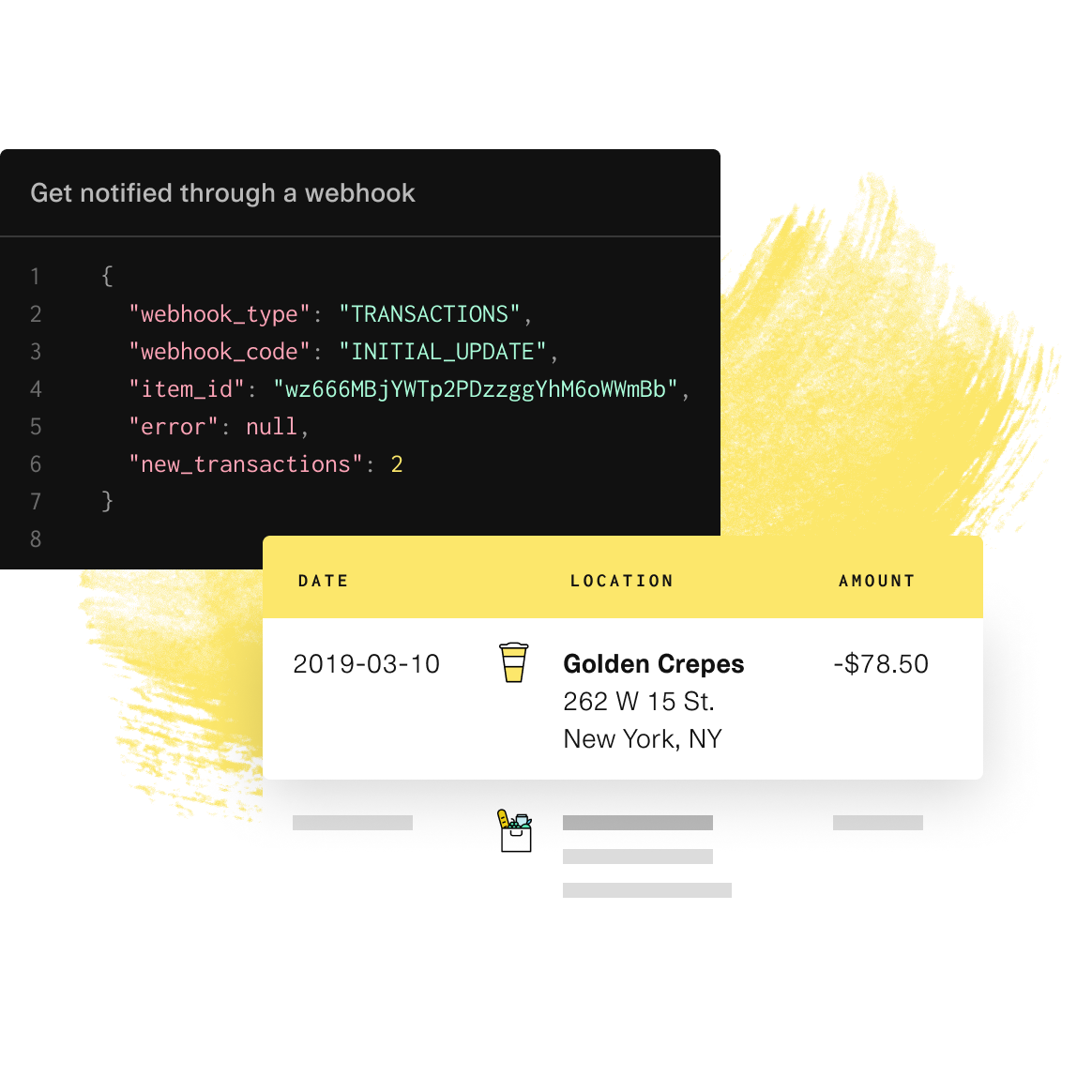 Webhook code snippet and Transactions history