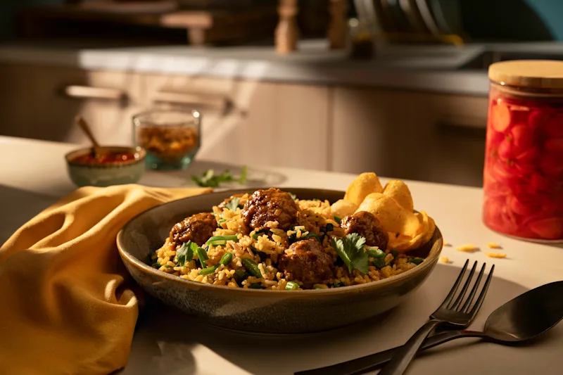 Pittige Nasi Goreng met gehaktballetjes en groenten pickles