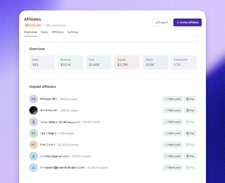 Affiliate Dashboard in Podia