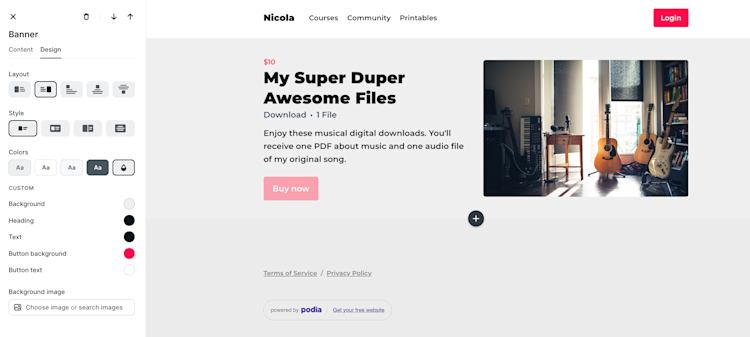 How to sell digital downloads from your own website: Podia editor