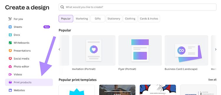 Canva create a design print products
