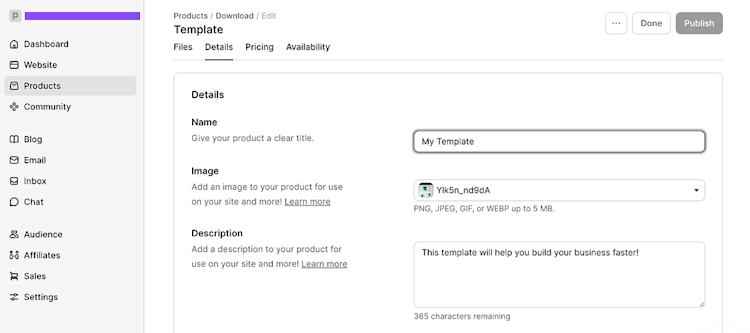 Podia dashboard new products download screen