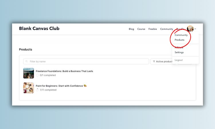 Podia dashboard community products