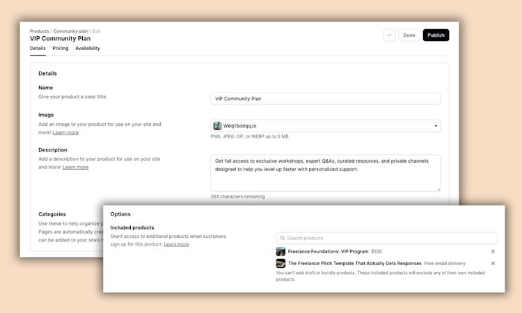 Podia included products feature