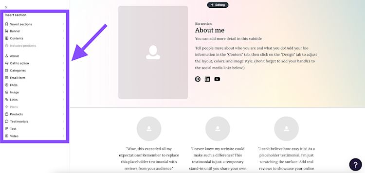 Podia dashboard website pre-made layout options