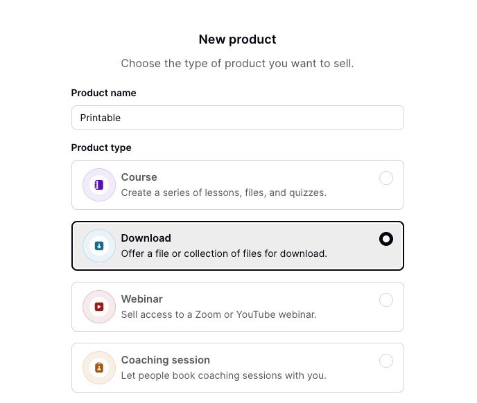Podia New product screen