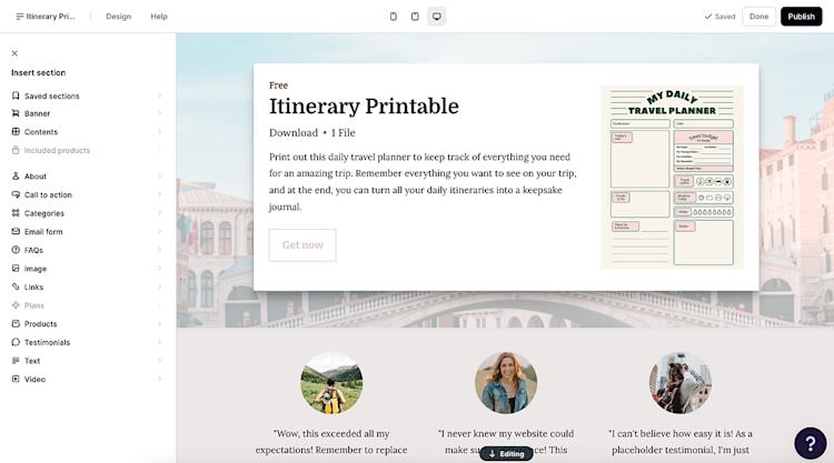 Podia website builder for printables