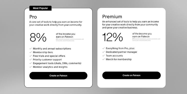 Patreon paid membership pricing