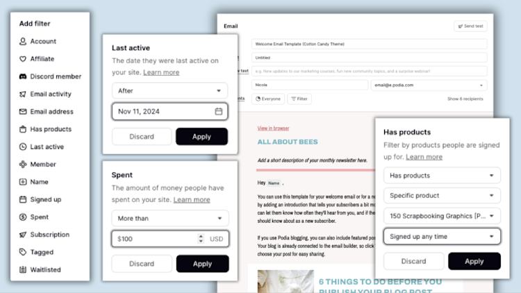 Audience filters in Podia Email
