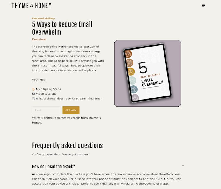 thyme is honey lead magnet landing page