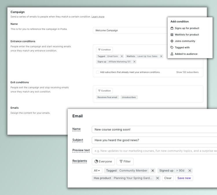 Podia Email: Data in one place (Homepage) image