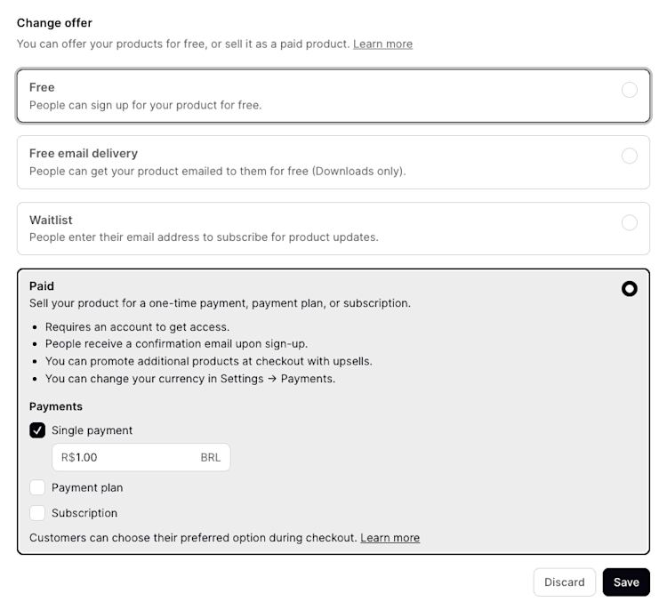 Podia set product pricing options