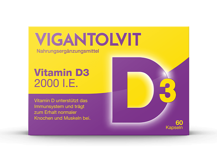 VIGANTOLVIT 2000 IE Vitamin D3 Kapseln – Produktpackung und Weichkapseln