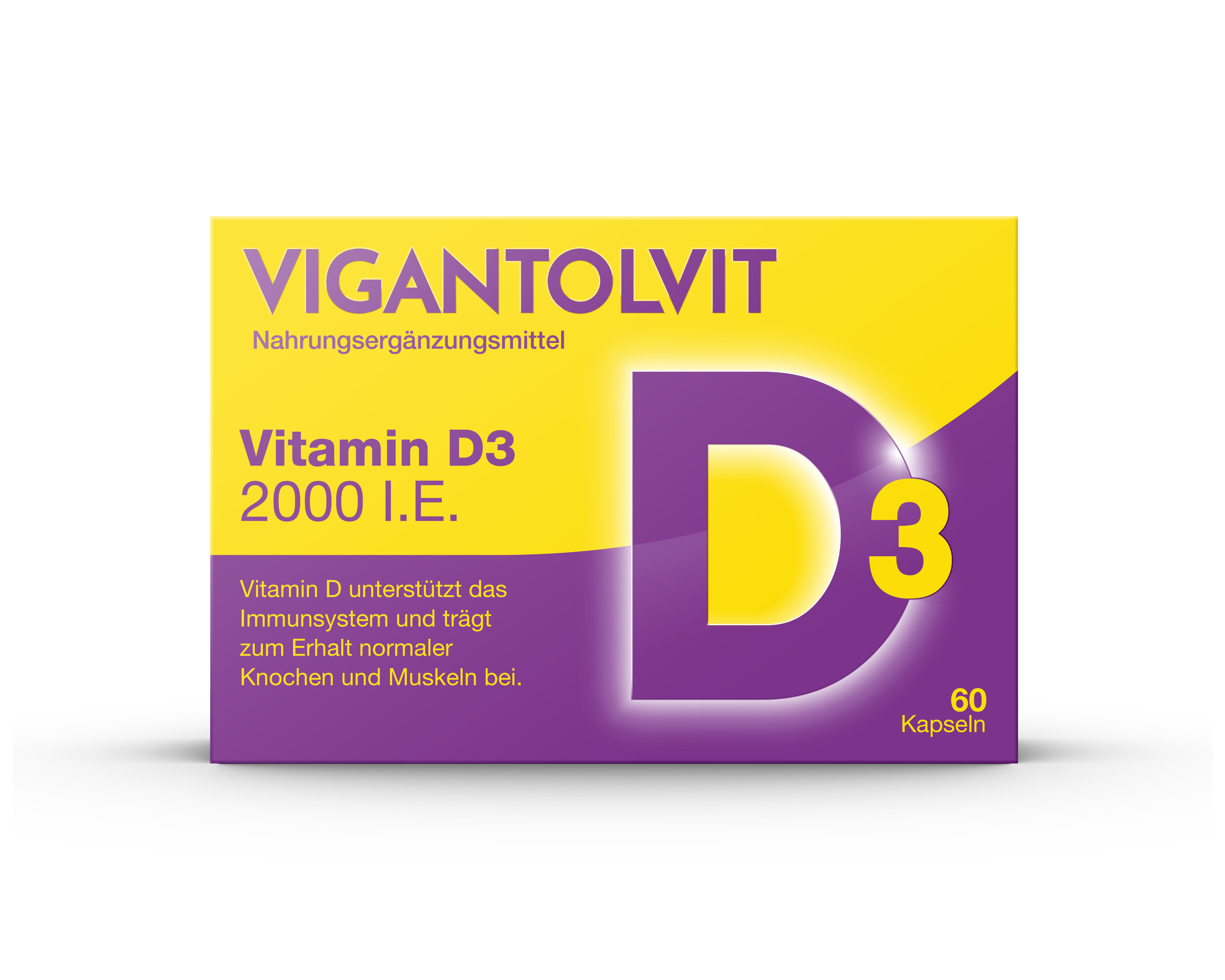Packung VIGANTOLVIT Vitamin D3 2000 I.E., 60 Kapseln.
