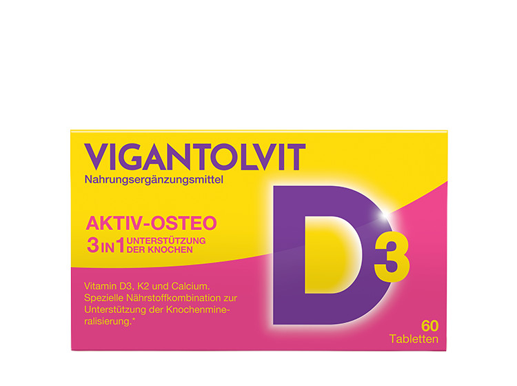 Packung VIGANTOLVIT AKTIV-OSTEO 3in1 UNTERSTÜTZUNG EIN LEBEN LANG mit D3, 60 Tabletten.