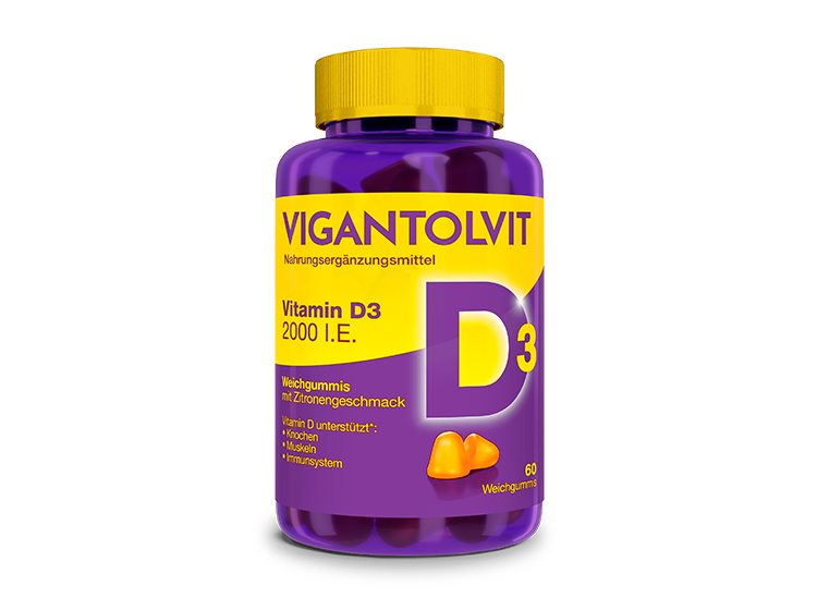 VIGANTOLVIT Vitamin D3 2000 I.E. als Gummibärchen, 60 Stück, in violetter Dose.