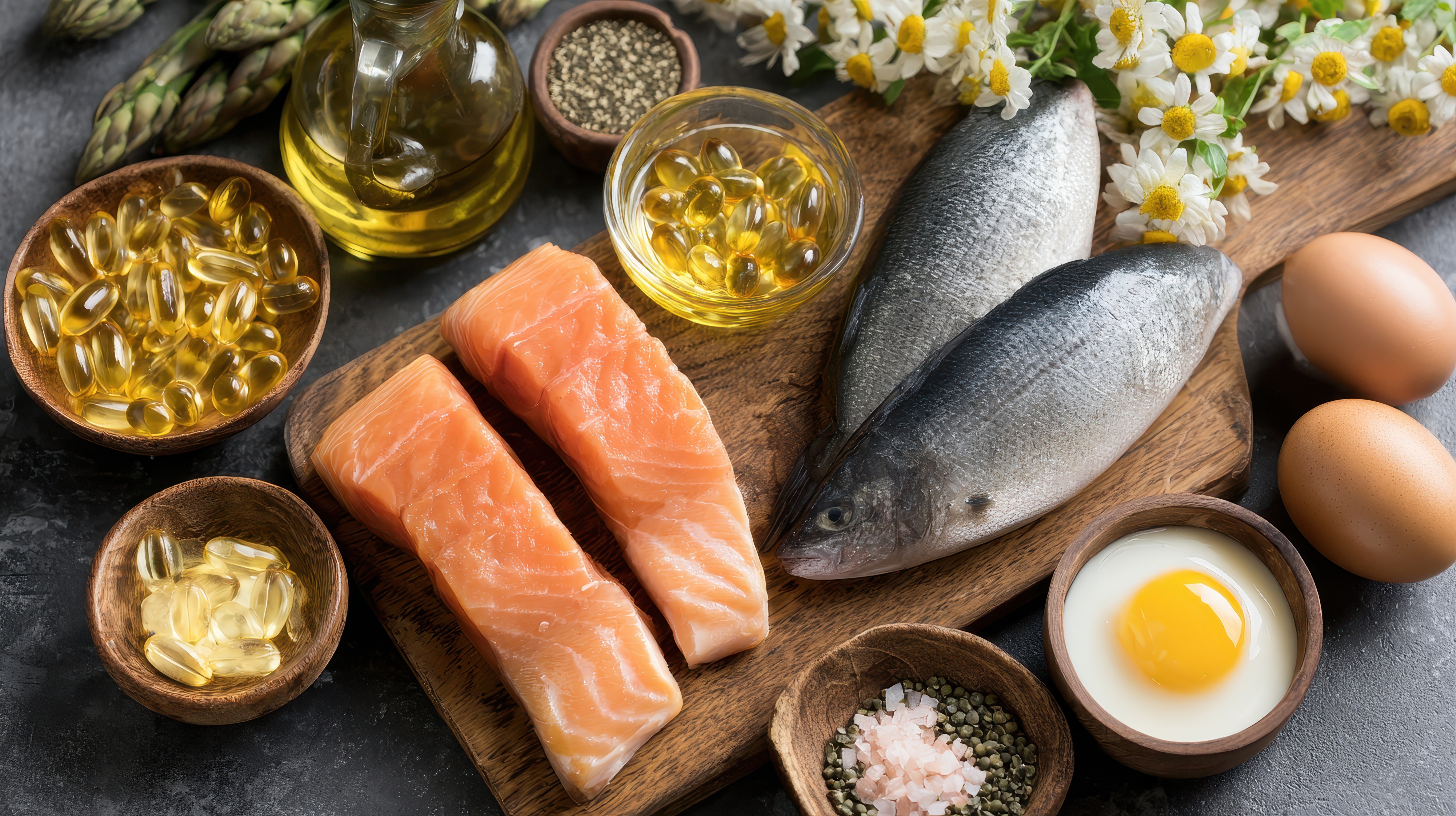 Vitamin-D-reiche Lebensmittel wie Lachs, Eier und Lebertran.