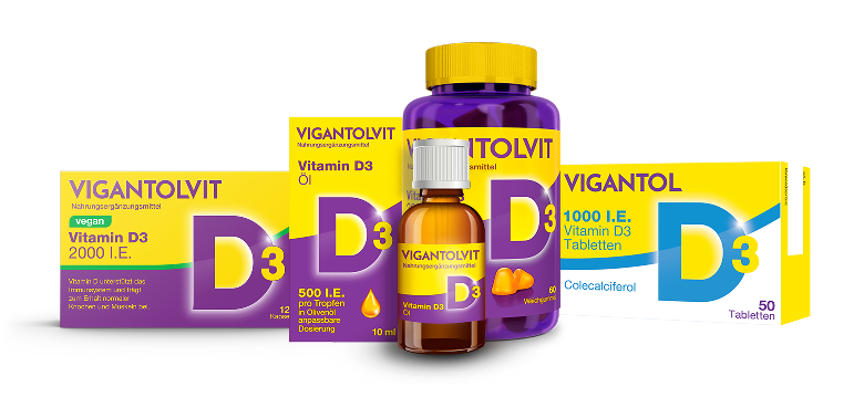 Produktreihe von VIGANTOLVIT und VIGANTOL mit Vitamin D3.