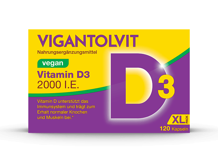 VIGANTOLVIT 2000 IE VEGAN Vitamin D3 Weichkapseln – Produktpackung und vegane Weichkapseln